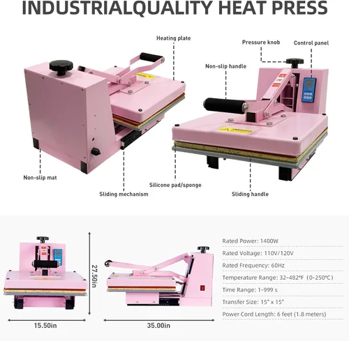 Miniatura 8 de Prensa térmica de 15 x 15 pulgadas, máquina de prensa de calor manual para camisetas, máquina de prensado de camisetas para ropa, bolsas, cortina