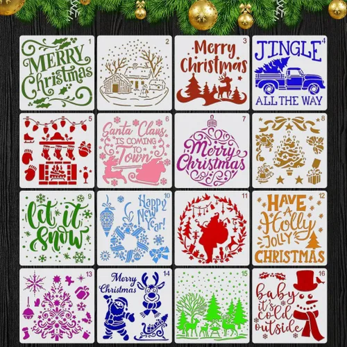 Plantillas navideñas para pintar madera, 16 unidades, 6 pulgadas, reutilizables, grandes, plantillas de Navidad para adornos, manualidades,