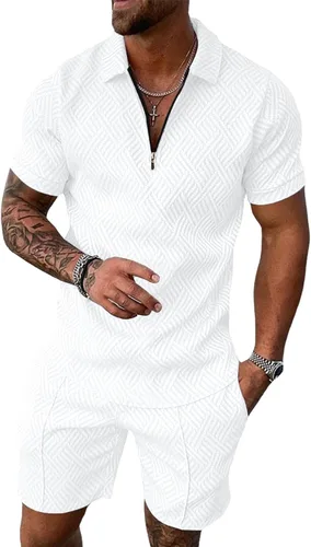 Aulemen Conjunto deportivo de 2 piezas con cremallera para hombre, manga corta, camiseta polo y pantalones cortos, conjuntos de verano para hombre