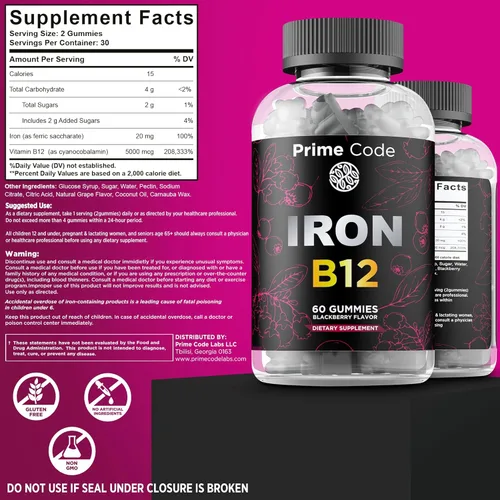 Miniatura 2 de Gomitas de vitamina B12 para mujeres y hombres, suplemento de hierro de 20 mg para adultos, constructor de sangre gratis para la anemia, gomitas