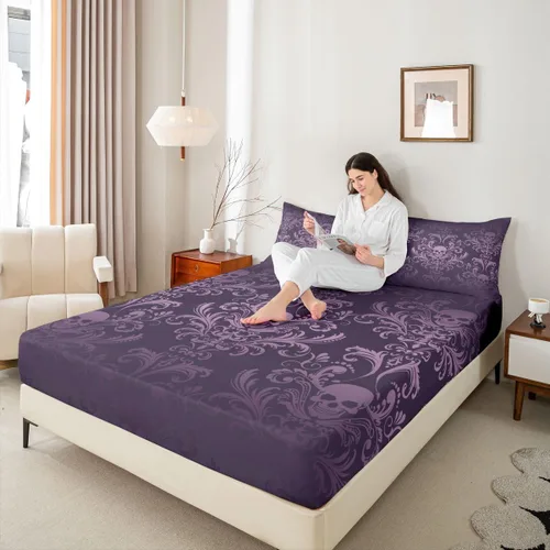 Miniatura 4 de Sábanas de cama de damasco violeta salmón para adultos, sábana bajera ajustable barroca victoriana antigua, sábanas florales góticas vintage, juego