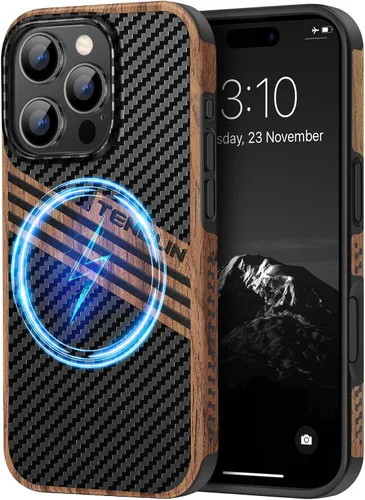 Miniatura 23 de TENDLIN Compatible con iPhone 17 Pro Max Funda de madera con textura de fibra de carbono Diseño de cuero híbrido delgado (negro)