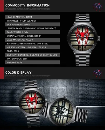 Miniatura 6 de Gosasa Reloj de pulsera de hombre araña de lujo de acero inoxidable para hombre