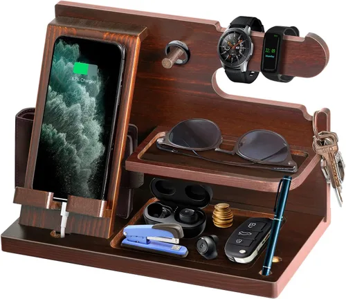 Gifts for Men Wood Phone Docking Station for Mens Gifts for Christmas Husband Anniversary Dad Birthday Gifts for Men or Dad - Nightstand Organizer