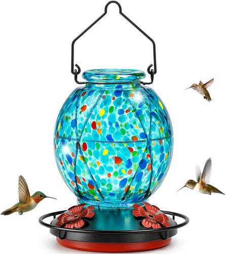 Miniatura 12 de Comedero para colibríes para exteriores – Comedero para pájaros de vidrio azul soplado a mano, a prueba de fugas, fácil de llenar y limpiar, 25