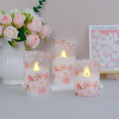 Miniatura 6 de Velas de cristal sin flama parpadeantes con control remoto y temporizador, flores de cerezo LED, cera real operadas por batería, juego de 3 velas