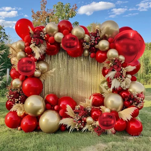 Miniatura 9 de Guirnalda de globos de color burdeos y negro con doble relleno, color rojo oscuro, dorado, granate y negro, kit de arco de globos para cumpleaños