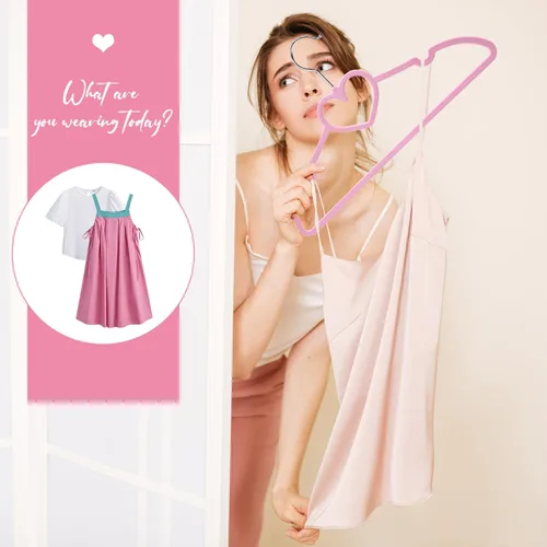 Miniatura 5 de Perchas de plástico, paquete de 20 unidades, perchas rosas ultra delgadas que ahorran espacio - Lindas perchas con forma de corazón en rosa, perchas