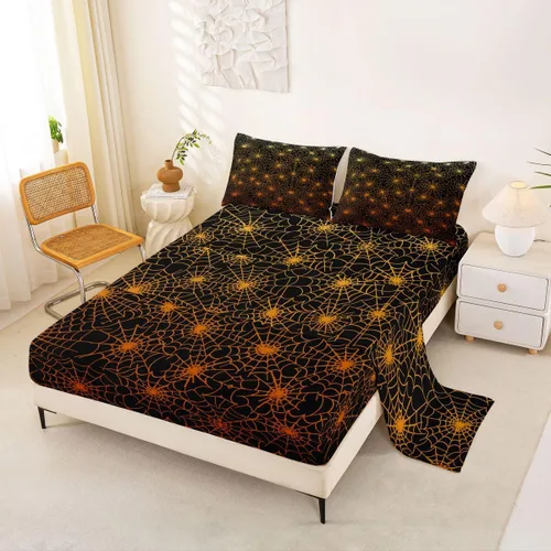 Miniatura 19 de Erosebridal Sábanas de Telaraña Juego de Sábanas Feliz Halloween Juego de Ropa de Cama de Líneas Rayas Geométricas Tamaño King Sábana Plana Amarillo