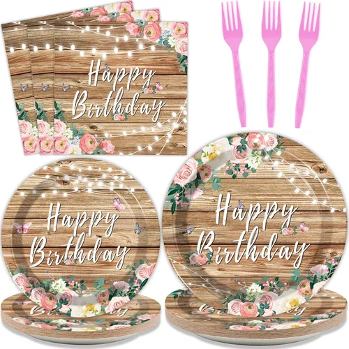 Juego de 96 platos de fiesta de cumpleaños con flores de madera de grano de madera rosa y flores rústicas para niñas y niños, suministros de fiesta