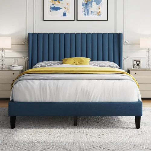 Miniatura 18 de Yaheetech - Base de cama tamaño Queen con plataforma tapizada con cabecero de tela, diseño de borde alado/Antideslizante y libre de ruido/Soporte