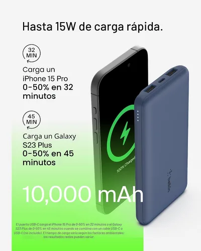 Miniatura 6 de Belkin Cargador portátil, banco de energía USB C de 10000 mAh con 2 puertos USB-A, 15 W con cable tipo C a tipo A - iPhone 17, Air, Pro, Pro Max