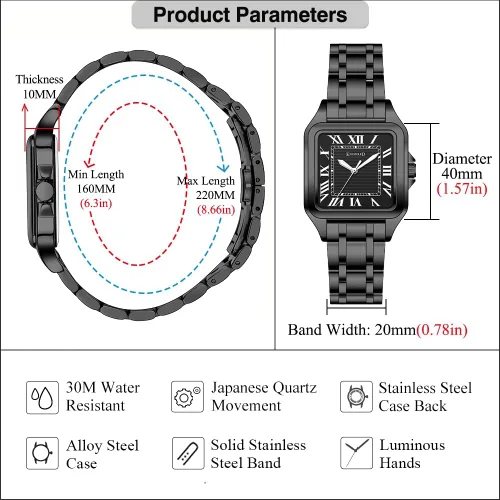Miniatura 5 de Classic Square Watch for Men with Vintage Roman Numeral and Solid Stainless Steel Band