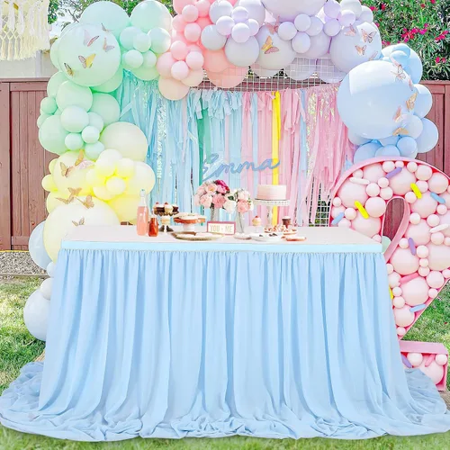 Miniatura 7 de QueenDream Falda de mesa de gasa azul bebé de 6 pies para mesa rectangular, mantel transparente para baby shower, boda, cumpleaños, fiesta temática