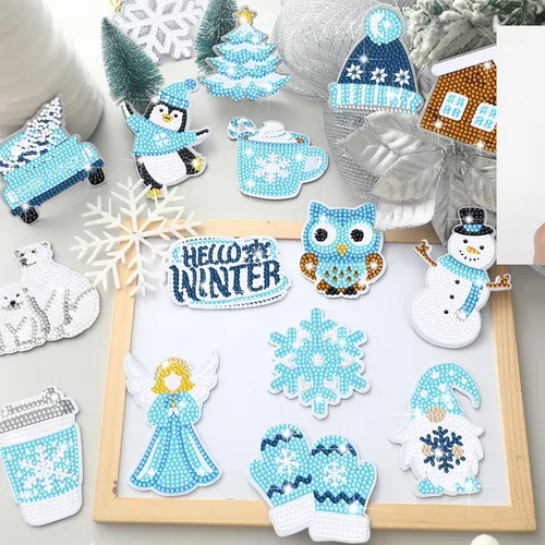 Miniatura 2 de Umigy 16 piezas de arte de diamantes de invierno 5D pingüino copo de nieve muñeco de nieve pintura de diamantes de imitación para nevera calcomanías