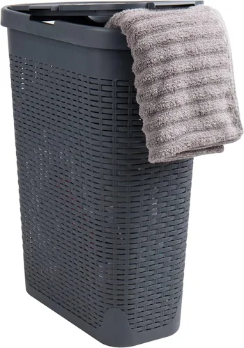 Miniatura 14 de Mind Reader Cesta de lavandería delgada con tapa, cesta de ropa de 40 L, diseño de mimbre premium, plástico, azul bebé