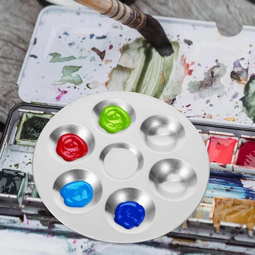 Miniatura 4 de NUOBESTY Bandeja redonda de pintura metálica de 6 pozos de aluminio para acuarela y modelo, mezcla de pintura portátil, suministros de arte
