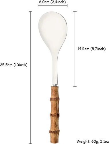 Miniatura 2 de Juego de 2 cucharas de servir de acero inoxidable de 10.0 pulgadas con mango de bambú natural, grandes utensilios plateados para servir, cucharón