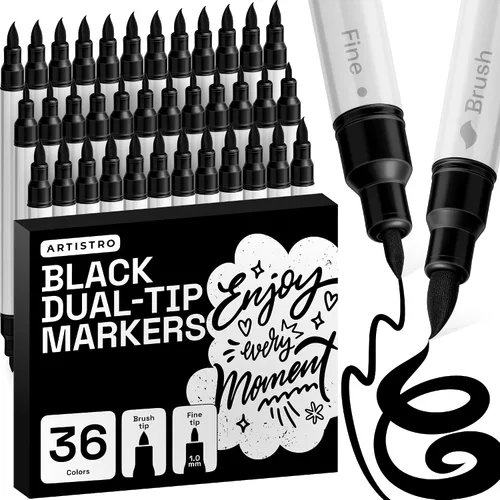 Miniatura 37 de ARTISTRO 5 marcadores de pintura acrílica negra, bolígrafos de pintura de doble punta + pincel fino ideal para caligrafía, perfectos para tela