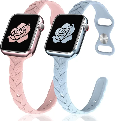 Miniatura 21 de JR.DM - Paquete de 2 bandas de silicona grabadas compatibles con Apple Watch de 38/40/41/42/44/45/46/49 mm, correa delgada y femenina de hoja