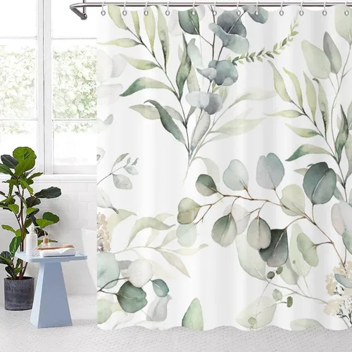 Cortinas de ducha de hojas de eucalipto, color verde salvia, plantas de acuarela botánica, cortinas de baño, bañera, decoración del hogar, tela Hoja