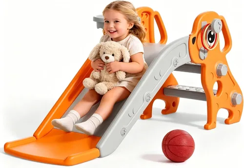 Miniatura 7 de BIERUM Tobogán 4 en 1 para niños pequeños, tobogán infantil para patio de juegos interior y exterior, toboganes con aro de baloncesto y lanzamiento