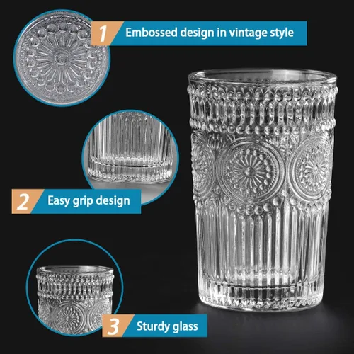 Miniatura 4 de MDLUU Vasos de agua en relieve, cristalería romántica, vasos de beber vintage, vasos de vidrio para jugo, bebidas, cóctel, capacidad de 12.5 onzas
