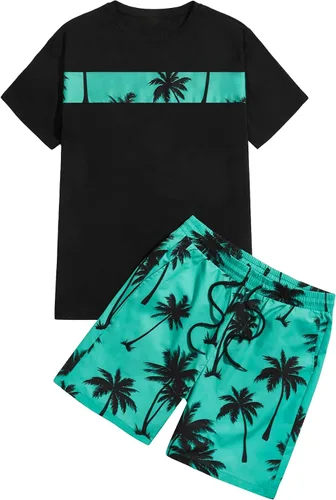 SOLY HUX Conjunto de 2 piezas para hombre con estampado gráfico de letras, camiseta de manga corta y pantalones cortos con cordón en la cintura