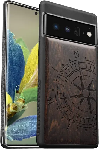 Miniatura 7 de Carveit Funda de madera para Pixel 6a [madera natural y TPU suave negro] a prueba de golpes, funda de madera única y elegante compatible con Google
