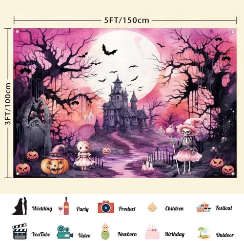 Miniatura 3 de Pancarta de fondo rosa de Halloween, bruja espeluznante, decoración de fiesta de cumpleaños de Halloween, fantasma rosa y negro, decoración de pared