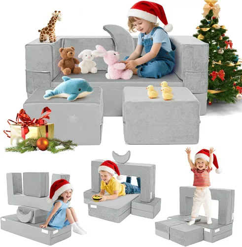 Miniatura 17 de Sofá modular de juego para niños, 13 piezas, sofá de espuma de alta densidad, muebles de sala de juegos convertibles con funda de terciopelo suave