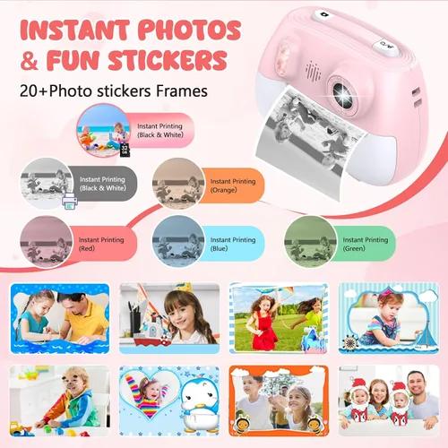 Miniatura 3 de Cámara para niños con impresión instantánea 1080P frontal y trasera dual selfie – Cámaras para niños pequeños con videojuegos digitales, 32 GB y Rosa