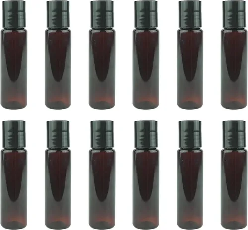 Miniatura 3 de Botellas de plástico ámbar (paquete de 12) – Botella de plástico ámbar de 1 onza con tapas de rosca; se utiliza como champú reutilizable, loción