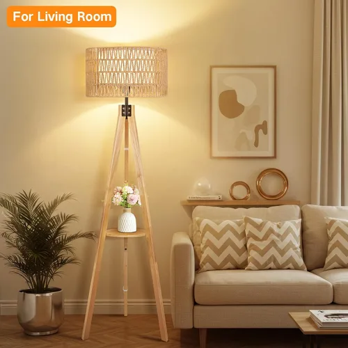 Miniatura 33 de OUTON - Lámpara de pie de trípode de madera con estantes, lámpara de pie de mediados de siglo con control remoto, 4 temperaturas de color, lámpara