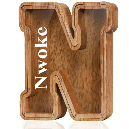 Miniatura 80 de Alcancía de madera grande personalizada con letras – Alcancía de letras para niños y niñas, regalo de cumpleaños (A)