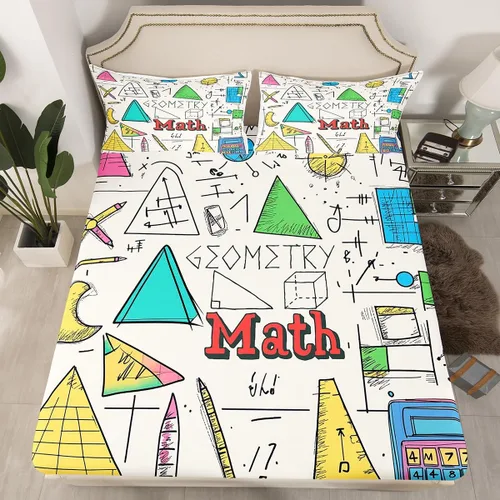 Miniatura 32 de Juego de ropa de cama ajustable con fórmula informática para niños y niños, diseño de geometría de acuarela, números, fórmula matemática, juego