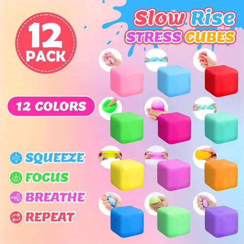 Miniatura 4 de Paquete de 12 cubos de estrés de aumento lento, bolas de estrés para masa, juguetes para aliviar la ansiedad, cubo suave, juguetes elásticos