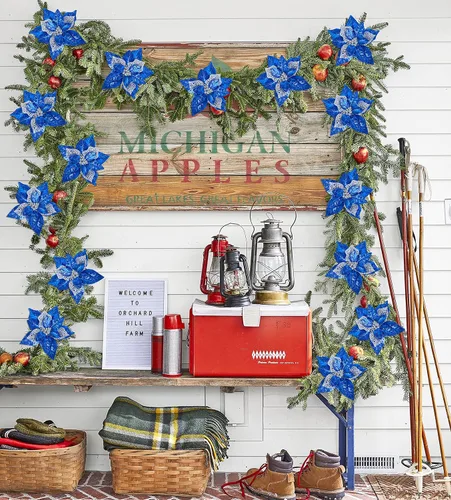 Miniatura 7 de 15 adornos de flores artificiales para árbol de Navidad, flores de Pascua artificiales, tamaño grande, 8.7 pulgadas, flor de purpurina de Navidad