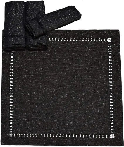 Miniatura 2 de Grelucgo Servilletas de mesa de comedor con dobladillo a mano para Halloween, hilo plateado entrelazado (negro, 4 servilletas de 18 x 18 pulgadas)
