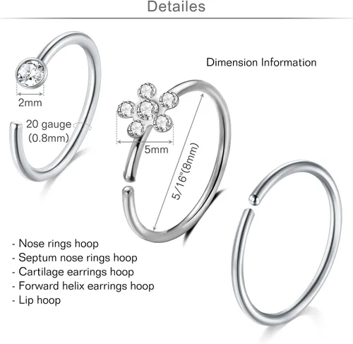 Miniatura 8 de MODRSA Piercing de nariz para mujer, de acero inoxidable, de plata, calibre 20