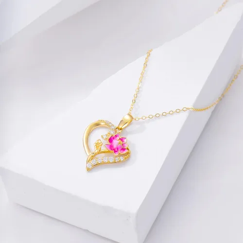 Miniatura 35 de Collar de flor de nacimiento de oro real de 14 quilates para mujer, oro amarillo creado moissanita con colgante de corazón, collares