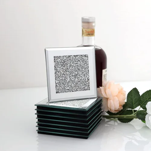 GIMORRTO Posavasos de cristal con espejo de 8 piezas, taza cuadrada de diamante triturado de 4 pulgadas, decoración en la mesa para bar,