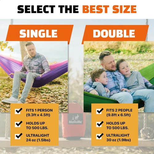 Miniatura 4 de Hamaca MalloMe para una o dos personas, para camping, set de hamaca colgante con 3 correas para árbol, hecha de nailon, es ligera, capacidad para 2