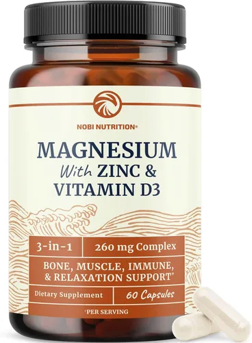 Magnesio Zinc y Vitamina D3 | Complejo de 260MG | Citrato Mag de alta absorción, glicinato y malato | Soporte para la salud muscular, función
