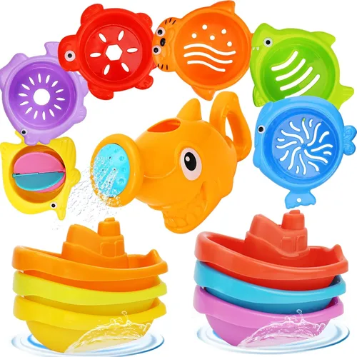 Juguetes de baño para niños de 1 a 3 años, juguetes de baño para niños con botes flotantes, cuchara de baño, 13 juguetes de bañera para bebés, mesa