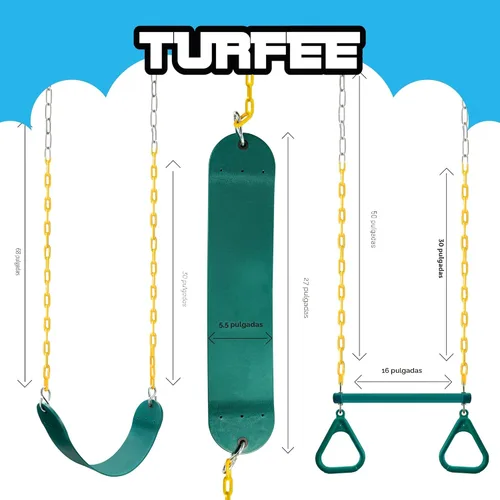 Miniatura 6 de TURFEE Juego de 3 columpios surtidos, incluye 1 barra de trapecio de anillos de gimnasio y 2 columpios con cadena recubierta de plástico, accesorios