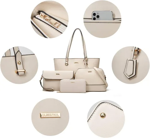 Miniatura 77 de Juego de 4 bolsas modernos para mujer de cuero sintético: bolso tote, bolso de hombro, bolso de mano y cartera.
