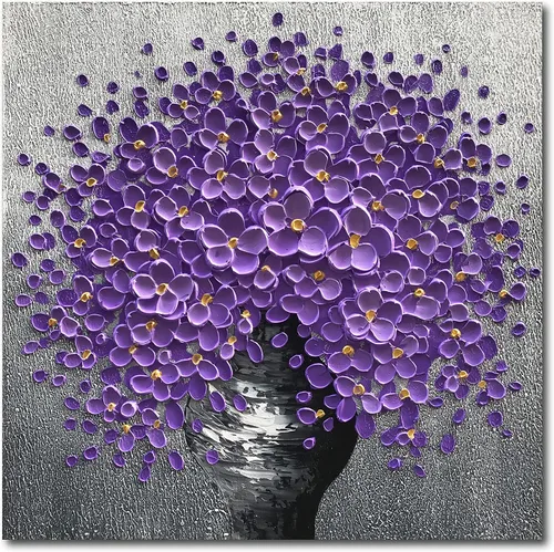 Miniatura 16 de Epicler art Pintura al óleo decorativa de flores 3D moradas pintadas a mano, arte de pared decorativo de pared de flores, arte moderno, sala