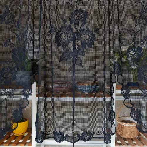 Miniatura 3 de Cenefa de cortina de encaje transparente con bordado floral negro, estilo princesa, estilo princesa, cenefa de cortina bordada en cascada