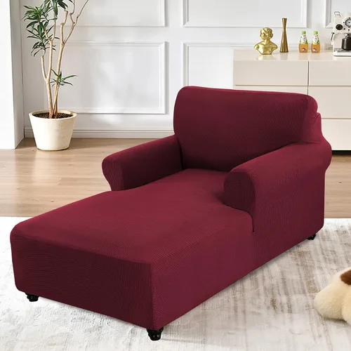 Miniatura 2 de Funda ajustada para sofá chaise lounge - Funda elástica para chaise de doble brazo con protector (Rojo vino, cuadros pequeños)